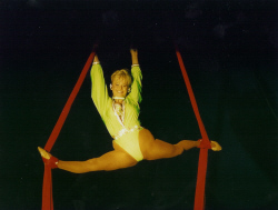 Gina Berousek flying on mantillas